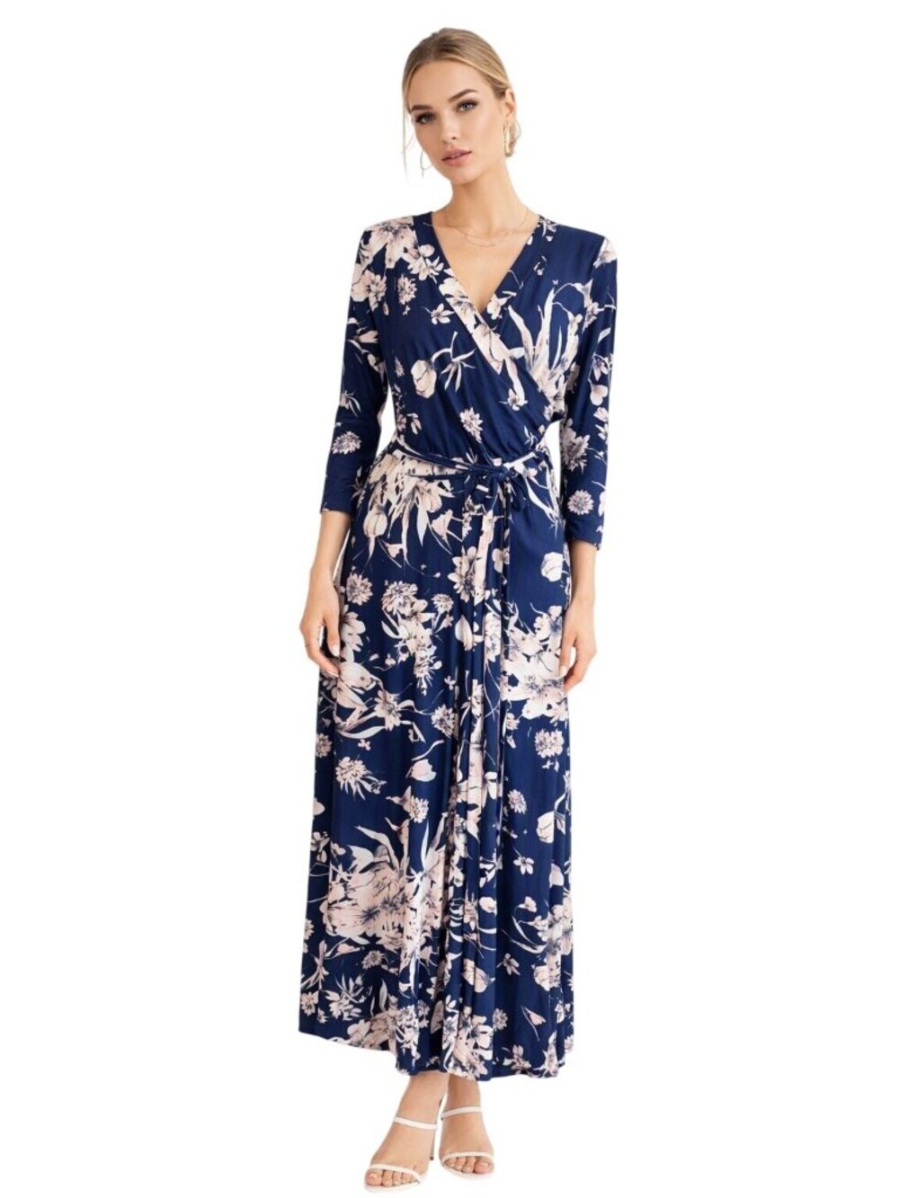 TriaTria Plus Size 1X Floral Navy Pink Maxi Wrap Dress 3/4 Sleeves Tie Waist